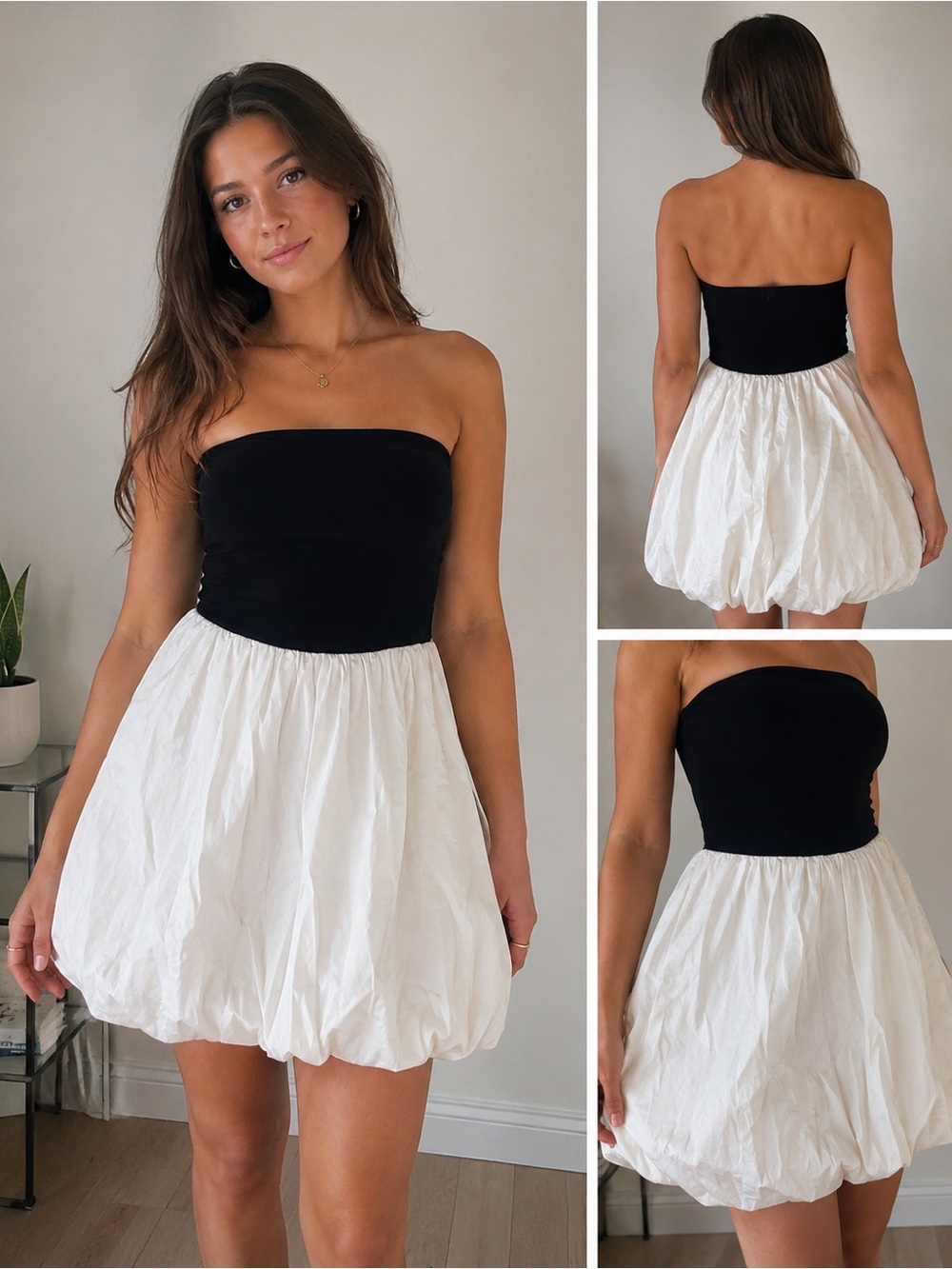 Strapless Black & White Bubble Hem Dress